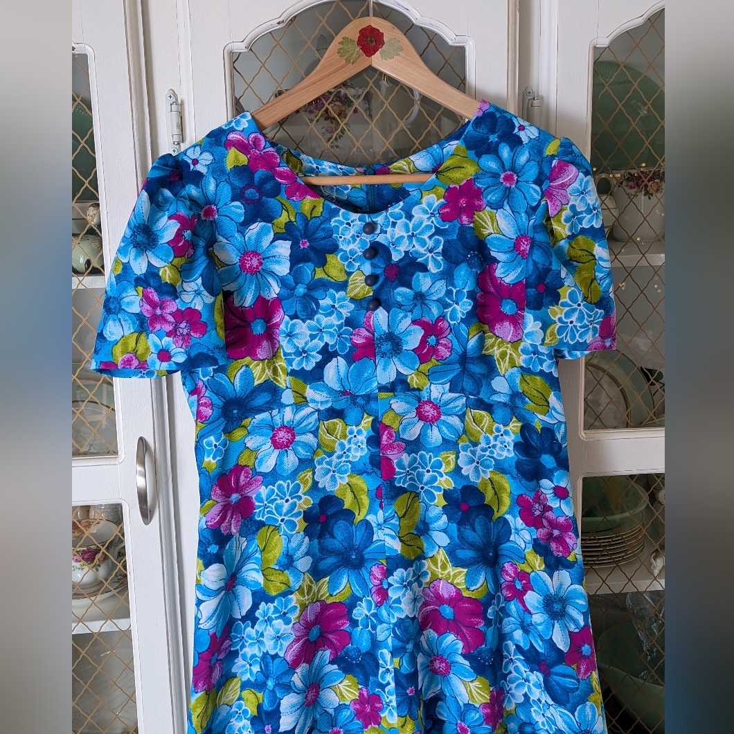 Vtg 1960s Spring Floral Handmade Maxi Formal Dress A-Line Blue